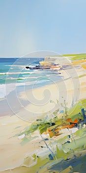 Vibrant Coastal Landscape Painting: Ocean, Beach, And Dune photo