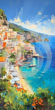 Vibrant Coastal Village Painting In Dmitry Spiros Style