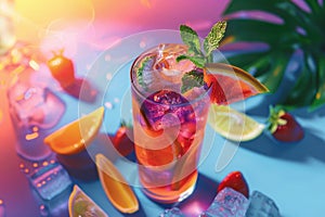 Vibrant Cocktail with Citrus Garnish in Neon Lights