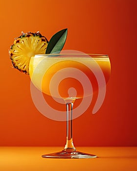 Vibrant cocktail garnished with pineapple and leaves against a salmon background photo