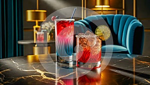 Vibrant cocktails on a marble table in a cozy lounge setting, with soft lighting and plush seating creating a warm ambiance