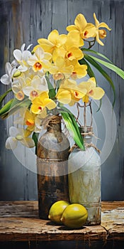 Vibrant Coconuts And Antique Metallic Vases With Yellow Orchids