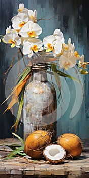 Vibrant Coconuts And Antique Metallic Vases With Yellow Orchids
