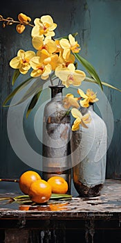 Vibrant Coconuts And Antique Metallic Vases With Yellow Orchids