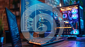 Vibrant coding workspace with multiple computer screens displaying code