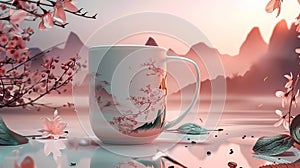 Vibrant Coffee Cup Painting with Mountain River Scene, Green Leaves, Cherry Blossoms, Blue Skies, and Light Tone