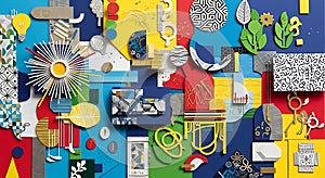 Vibrant collage of abstract shapes and patterns