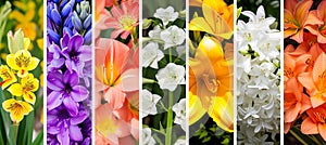 Vibrant collage of flowers with dividing white vertical lines a bright and stylish composition