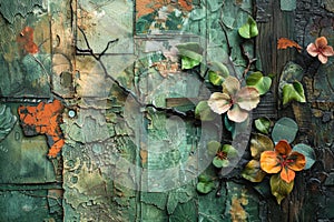 A vibrant collage of flowers and leaves against a textured backdrop of wood and bark