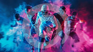 Vibrant collage showcasing professional athletes in motion amidst a fusion of blue and red colors photo
