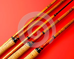 Vibrant Collection of Bamboo Fishing Rods on a Bright Coral Background Angling Equipment Close up