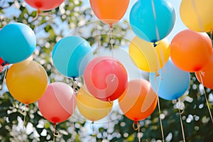 A vibrant collection of colorful balloons floats in the sky, creating a lively and captivating scene, Helium-filled balloons