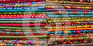 A vibrant collection of colorful patterned fabrics arranged in a stack AI Generative