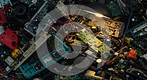 A vibrant collection of electronic waste components sits under a focused light