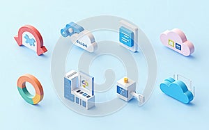 Isometric 3D Render of Cloud Computing Data Processing Icons and Server AI generated.