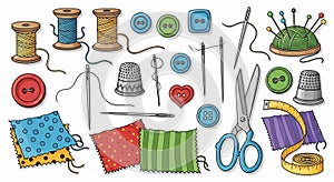 Sewing Supplies Collection: Threads, Needles, Buttons, Thimbles, Fabric, and Scissors