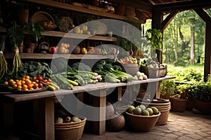 A vibrant collection of various fruits and vegetables beautifully arranged on a table., A rustic kitchen filled with organic foods