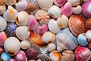 Vibrant collection of various sea shells displayed in a full frame, showcasing patterns and colors