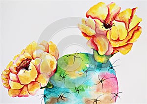 Watercolor Prickly Pear Cactus, Opuntia,  in Bloom