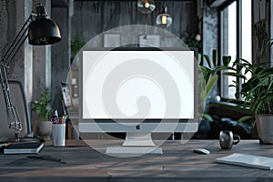 Modern Home Office Desk with Blank Screen Computer Mockup