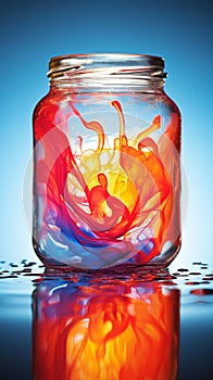 Vibrant Color Splash: Glass Jar Pouring Gradient of Red, Blue, and Yellow Liquids