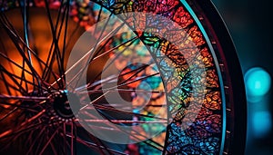 Vibrant colored bicycle wheel spoke in motion blur generated by AI