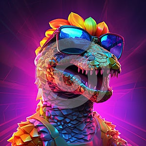 Vibrant colored dinosaur closeup, wearing sunglasses, in fun design.