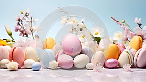 Vibrant Colored Easter Eggs and Mascarpone Pastries on a Blue Background with Spring Flowers
