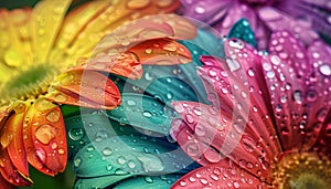 Vibrant colored flower petals glisten with raindrops photo