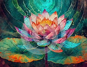 vibrant colored lotus flower with a blue swirl graphic background