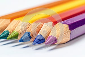 Vibrant colored pencils showing their sharpened tips on white background