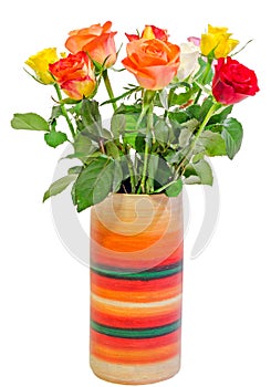 Vibrant colored (red, yellow, orange, white) roses flowers in a colored vase, close up, bouquet, floral arrangement