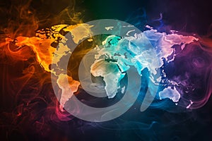 Vibrant Colored Smoke Shaping a World Map Against Dark Background