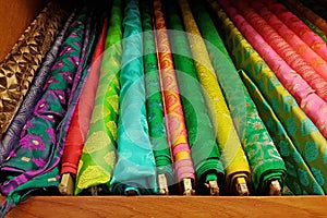 Vibrant colored textured fine silk cloth material rolls