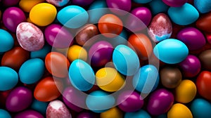 a vibrant and colorful array of chocolate eggs and candy beans