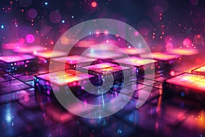 Abstract Futuristic Cubes Glowing with Neon Lights and Bokeh