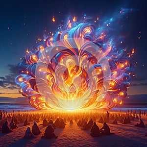 A vibrant and colorful bonfire burning on a beach at dusk, wit