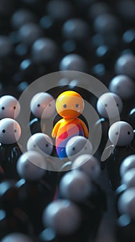 Vibrant, colorful character stands out amidst a crowd of uniform figures, symbolizing individuality, diversity, and nonconformity photo
