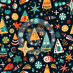 A vibrant and colorful Christmas seamless pattern with festive trees, stars, candies, and ornaments against black background