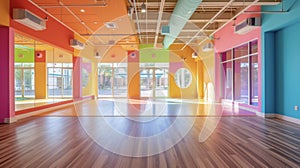 A vibrant and colorful dance studio with hardwood floors and walllength mirrors ideal for practicing routines and honing photo