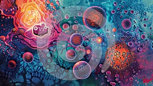 Vibrant and colorful depiction of the initiation of life as cells swim towards the egg highlighting the incredible