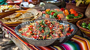 A vibrant and colorful display of Mexican cuisine, with a large bowl of freshly made salsa, containing diced tomatoes, onions,