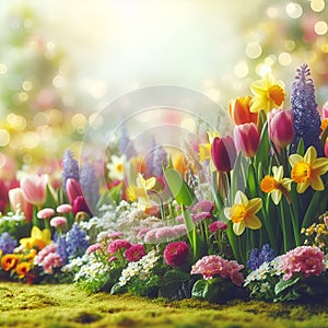 A vibrant and colorful display of mixed spring flowers including tulips. Ai-Generated Images