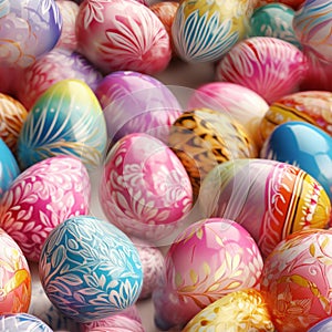 Vibrant and colorful easter eggs arranged in a seamless pattern over a bright solid background