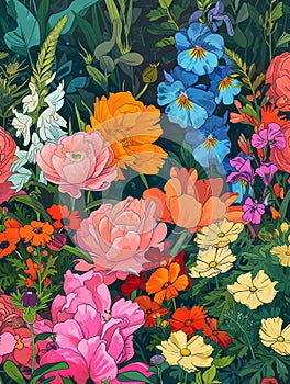 Vibrant, colorful floral illustration with various flowers and lush greenery. Blooming garden. Bold bright colors
