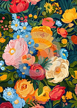 Vibrant, colorful floral illustration with various flowers and lush greenery. Blooming garden. Bold bright colors