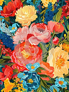 Vibrant, colorful floral illustration with various flowers and lush greenery. Blooming garden. Bold bright colors