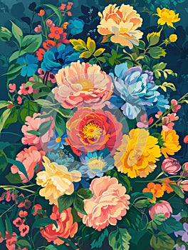 Vibrant, colorful floral illustration with various flowers and lush greenery. Blooming garden. Bold bright colors