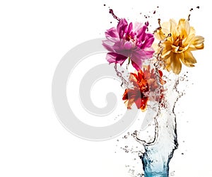 Vibrant colorful flowers and water splashes with drops backdrop. Floristic decoration. Natural floral white background with copy