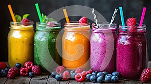 Vibrant, colorful fruit smoothies in mason jars